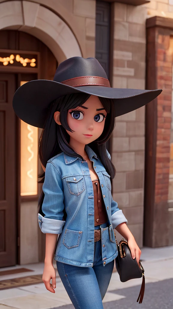 create for me an image of country singer Ana Castela from the front, very pretty, with an 8k hat, black hair and a thin face and dressed as a cowboy, she must be alone in the image and looking straight ahead, straight and with a leather hat black, very thin
