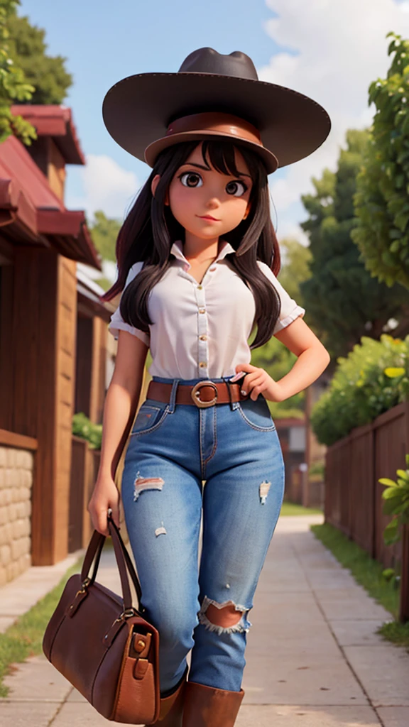 create for me an image of country singer Ana Castela from the front, very pretty, with an 8k hat, black hair and a thin face and dressed as a cowboy, she must be alone in the image and looking straight ahead, straight and with a leather hat black, very thin