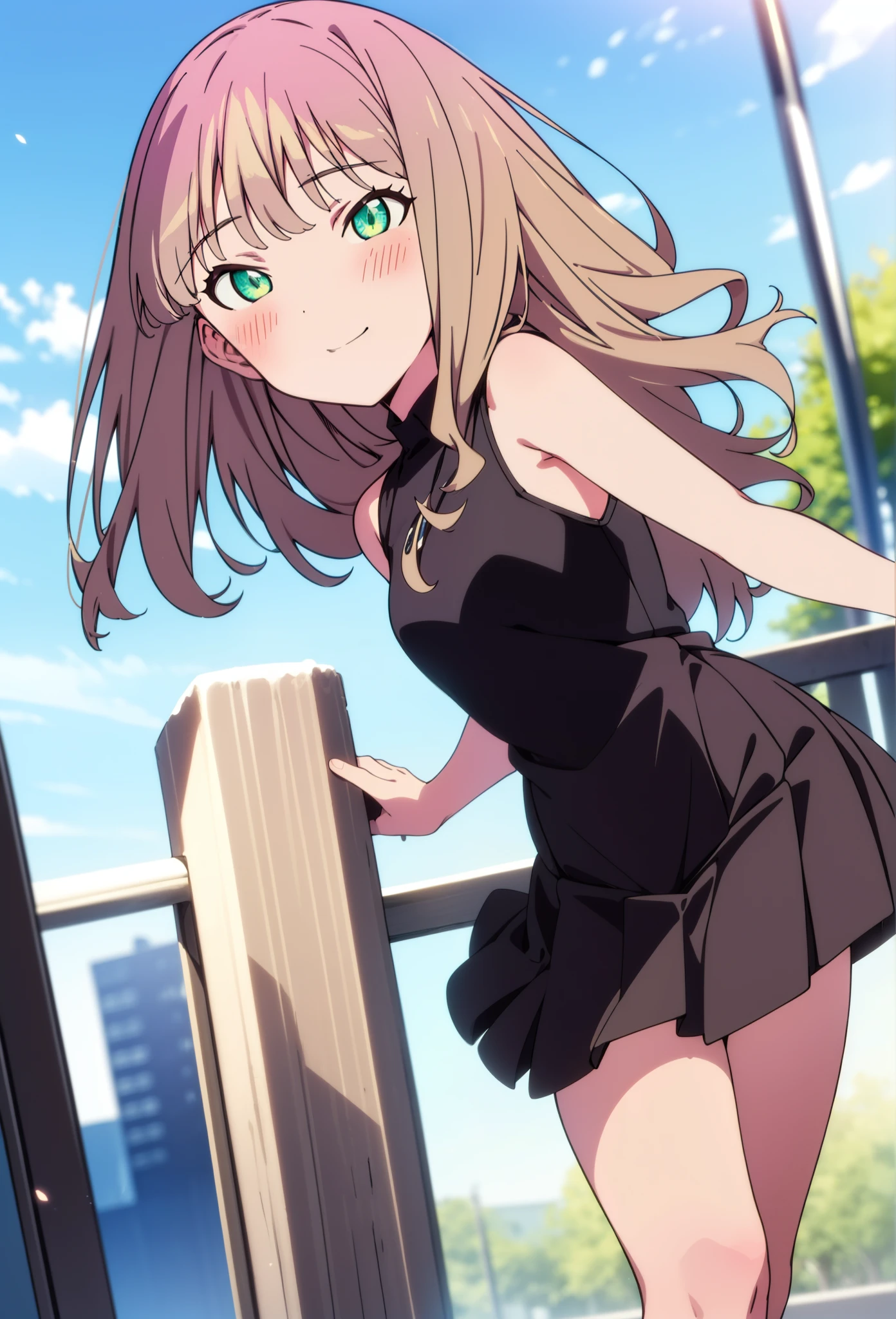 minami yume ,sss Dynazenon ,Long Hair, Brown Hair, (Green Eyes:1.5) ,blush,smile,hair band,Sleeveless shirt,Long skirt,short boots,Daytime,Clear skies,Walking,whole bodyがイラストに入るように, break looking at viewer, whole body,(Cowboy Shot:1. 5) , break outdoors ,Building district, break (masterpiece:1.2), Highest quality, High resolution, unity 8k wallpaper, (shape:0.8), (Beautiful and beautiful eyes:1.6), Highly detailed face, Perfect lighting, Extremely detailed CG, (Perfect hands, Perfect Anatomy),