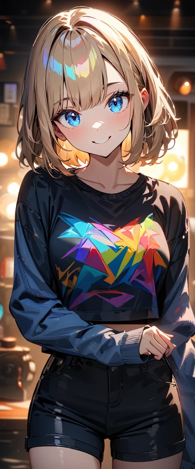(((One girl))), blond hair, bob cut, breasts, from front, (cowboy shot), (looking at viewer), ((black shorts)), ((black crop top)), puffy sleeves, Casual Stance, arm at side, face in focus, ager, head tilt:1.3, (((blue eye))), ((happy smile)), ((sleeves past wrists)), anime style, (best quality, 4k, 8k, highres, masterpiece:1.2, ultra-detailed, ultra-detailed eyes, HDR, UHD, studio lighting, ultra-fine painting, sharp focus, physically-based rendering, extreme detail description, professional, vivid colors, bokeh)