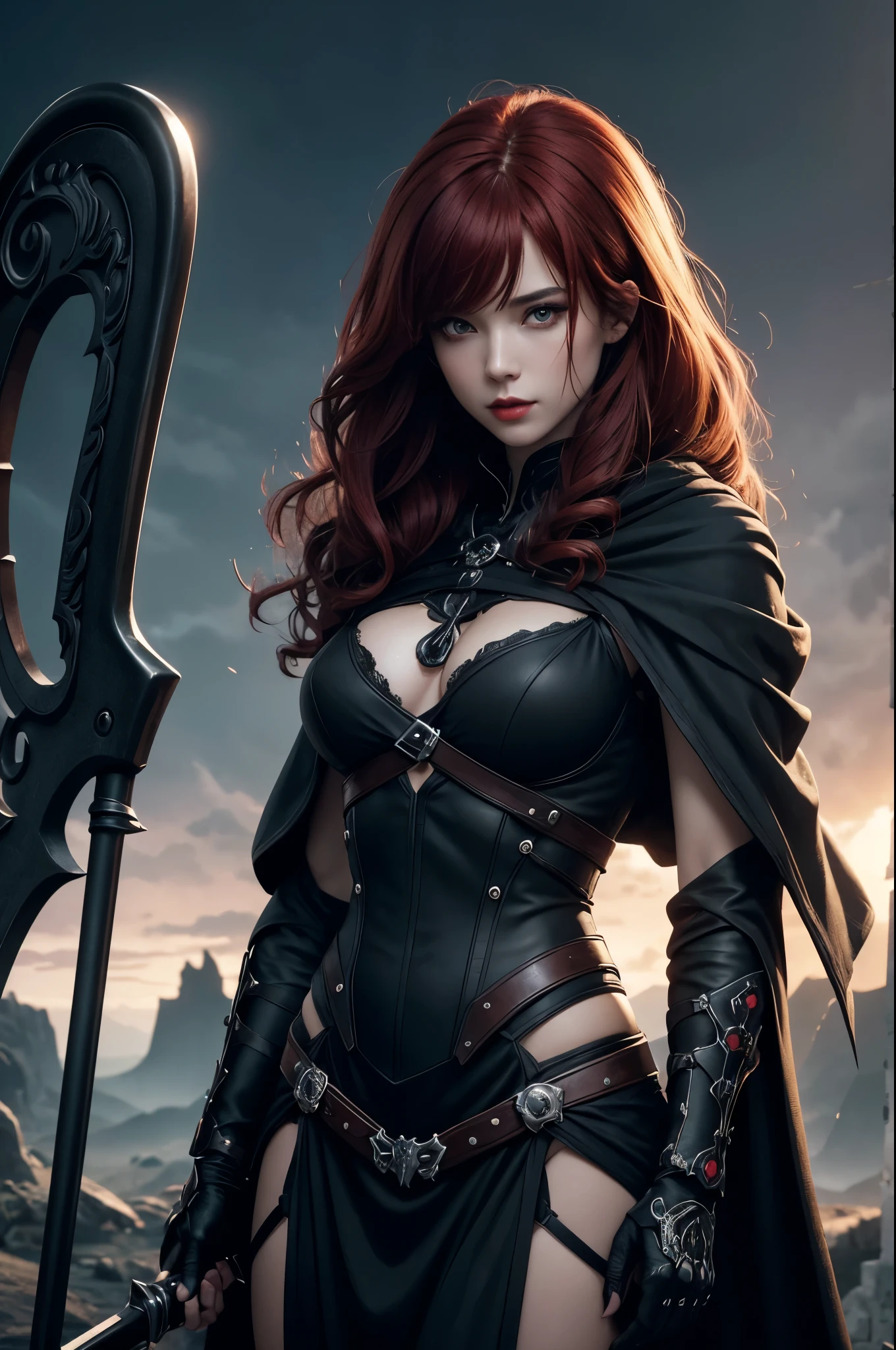 8K,Grim Reaper with a very large scythe,Super Beauty(Like the real thing),Skeleton mask,wear,Red eyes,White haired mohawk,Black Robe,Highly detailed photos, Ultra-high resolution, masterpiece, Highest quality, Perfect glowing skin, Perfect lighting, Detailed lighting, Dramatic Shadows, Ray Tracing, Looking at the audience, Small breasts, Beautifully detailed hazel eyes, Sharp Face, Clear Eyes, Red lips, Long bangs, Short Curly Hair, Redhead, ((Dark Land of the Underworld)), Upper Body, masterpiece,Highest qualityのフォトリアリスティックなRAW写真。Bright colors,Rich colors, Backlight, Cinema Lighting, Film Grain, to be born, 50mm lens, Nikon D850,Detailed character art,Fantasy art,Ultra-high resolution,Ultra-Realistic Skin,Perfect hand shape,Deadly landscape,Skeleton maskを着用,