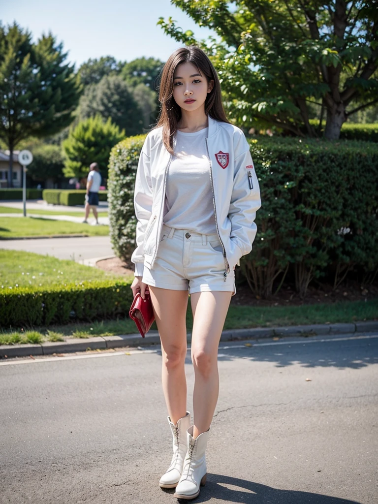 masterpiece,high quality,High resolution,Realistic,White jacket and red undershirt,Young woman with long hair wearing white mini shorts and white cowboy boots,A dignified expression,Park Background,Full Body View,whole body muscular,Perfect Arms,Perfect Legs,Perfect Skin,Perfect standing posture,Five perfect fingers