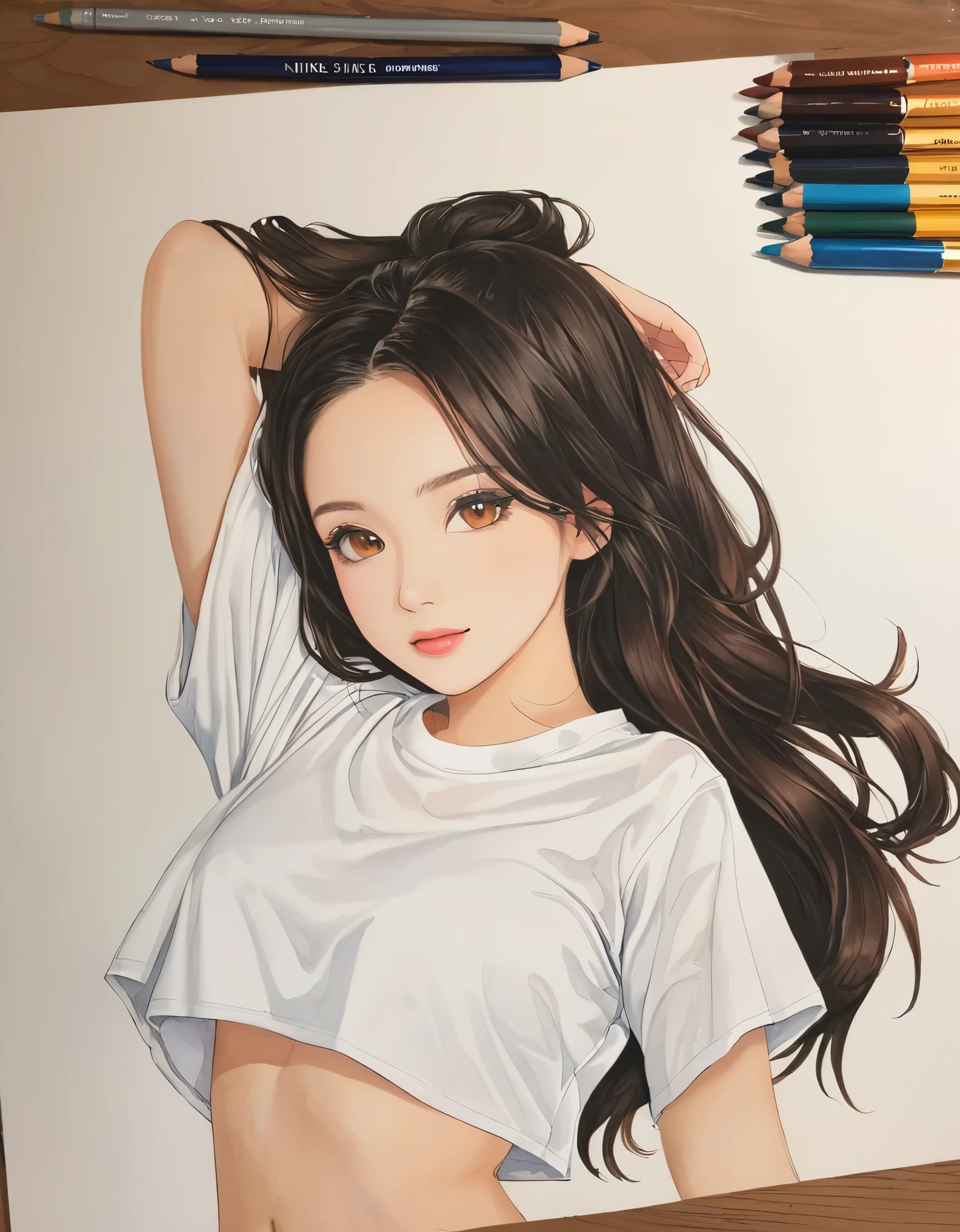 female,crop shirt,white,Art,colour pencil drawing,ink painting