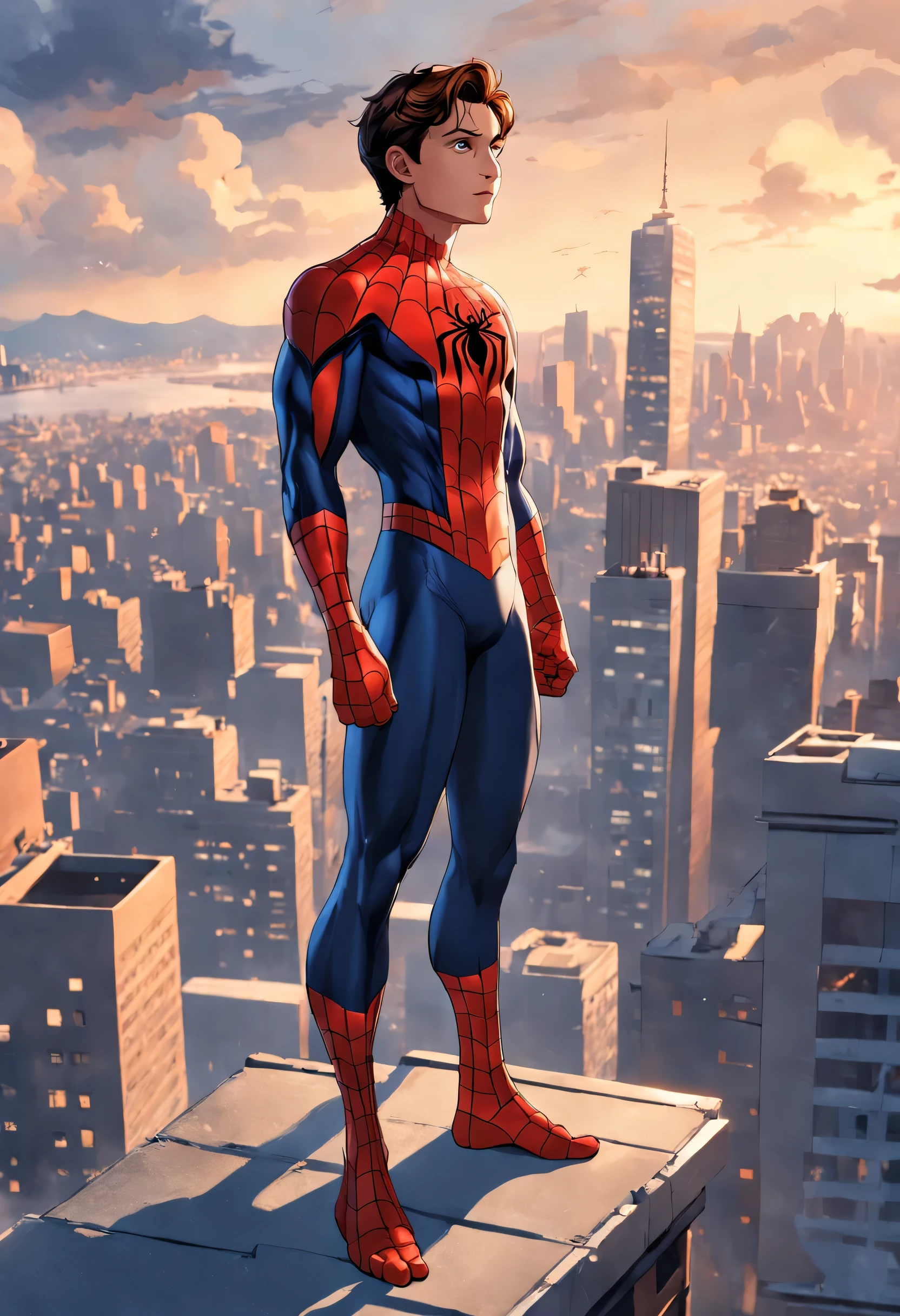 Spider - Man in a suit standing on a roof with a city in the background, Pedro Parker, spider-man, spider - man, Retrato do spider-man, hq 4k wallpaper, highly detailed spider - man, Peter Parker como spider-man, Estilo futurista spider-man, 8k rendering", Medium close-up ( mcu ), Spider man, trends in artstation 4k, cg arte
