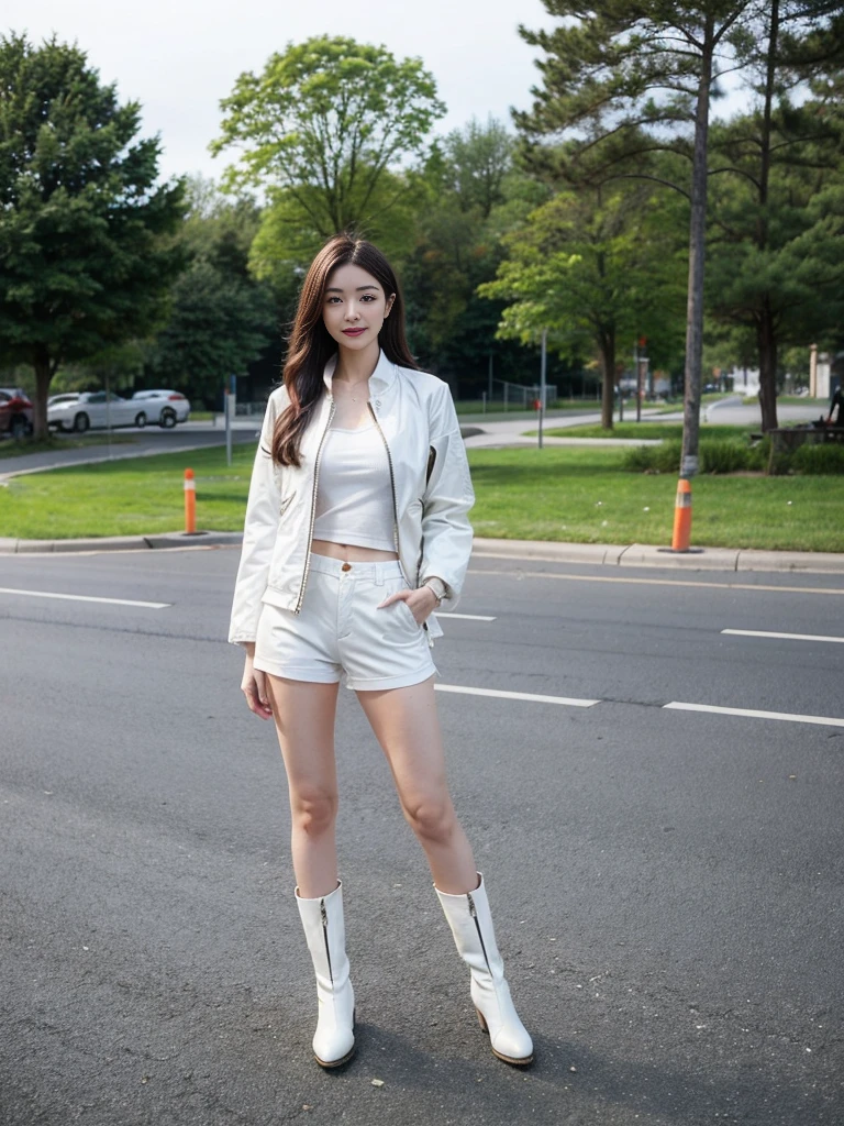 masterpiece,high quality,High resolution,Realistic,White jacket and red undershirt,Young woman with long hair wearing white mini shorts and white cowboy boots,A dignified expression,Park Background,Full Body View,whole body muscular,Perfect Arms,Perfect Legs,Perfect Skin,Perfect standing posture,Five perfect fingers