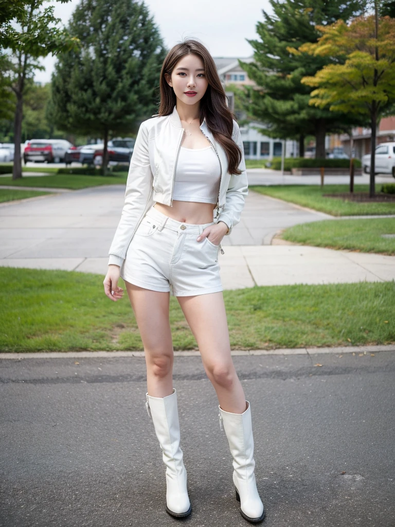 masterpiece,high quality,High resolution,Realistic,White jacket and red undershirt,Young woman with long hair wearing white mini shorts and white cowboy boots,A dignified expression,Park Background,Full Body View,whole body muscular,Perfect Arms,Perfect Legs,Perfect Skin,Perfect standing posture,Five perfect fingers