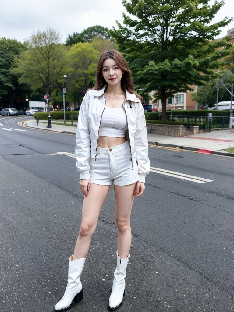 masterpiece,high quality,High resolution,Realistic,White jacket and red undershirt,Young woman with long hair wearing white mini shorts and white cowboy boots,A dignified expression,Park Background,Full Body View,whole body muscular,Perfect Arms,Perfect Legs,Perfect Skin,Perfect standing posture,Five perfect fingers