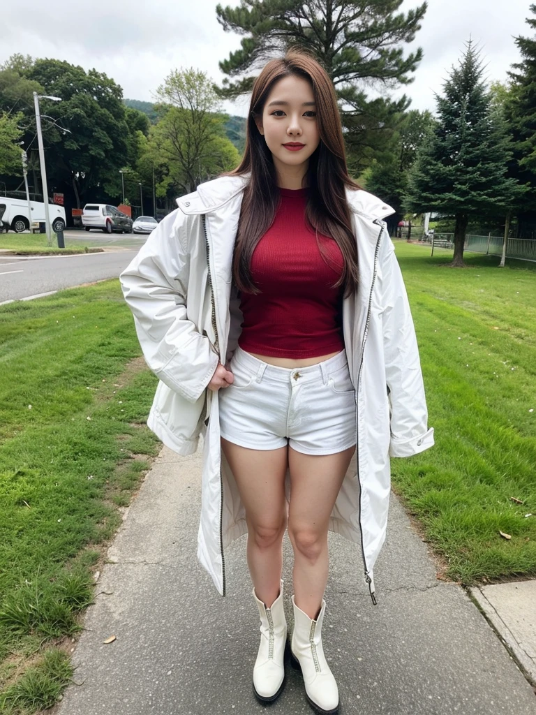 masterpiece,high quality,High resolution,Realistic,White jacket and red undershirt,Young woman with long hair wearing white mini shorts and white cowboy boots,A dignified expression,Park Background,Full Body View,whole body muscular,Perfect Arms,Perfect Legs,Perfect Skin,Perfect standing posture,Five perfect fingers