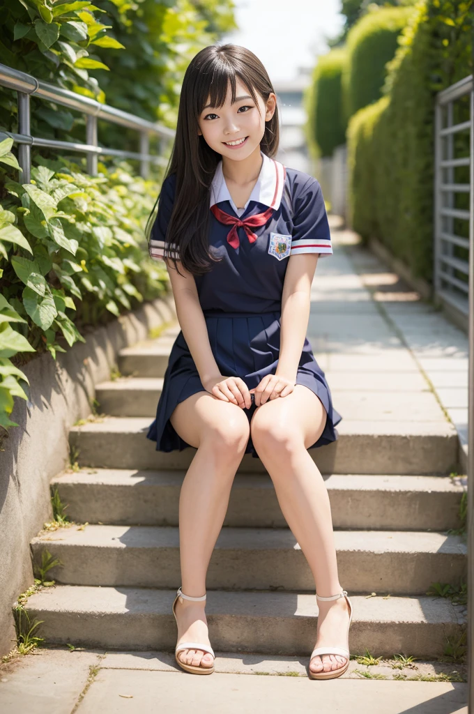 Pure Japanese school girl, sweet temptation, outstanding body, beautiful legs, wearing uniform, panty, sweet smile, sitting, refreshing in early summer, composition from the front, 