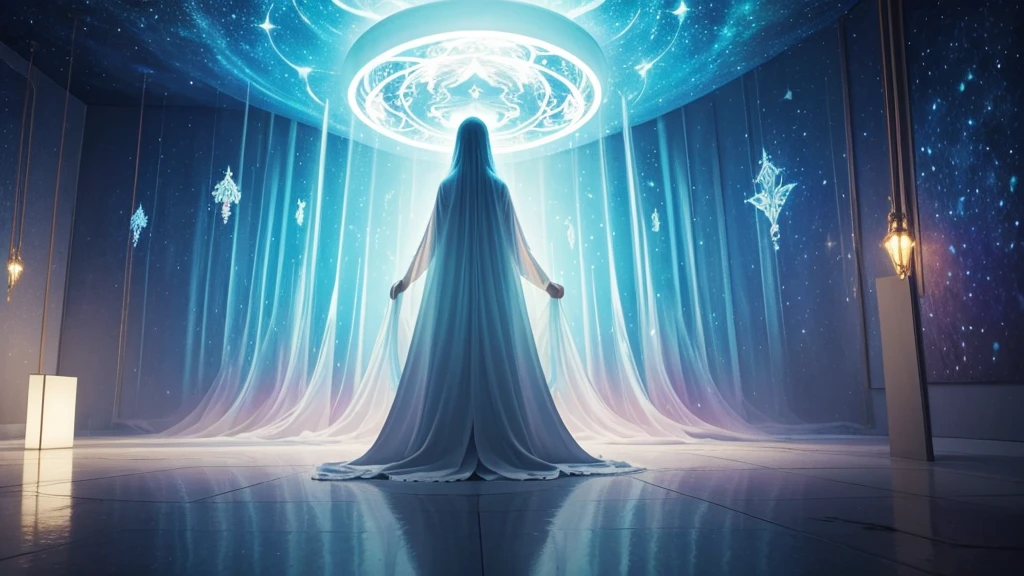 "An art gallery showcasing contemporary interpretations of the afterlife from various global perspectives. Paintings on the walls depict ethereal landscapes, where souls of departed individuals journey through celestial realms guided by luminous spirits. Each artwork reflects cultural diversity and universal themes of transcendence and the continuity of the soul beyond physical death."