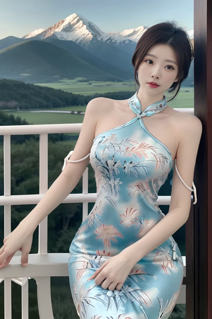 best quality,Human Development Report,Ultra HD,8K,Bright colors,Solitary,photo_,(1 Girl:1.3),(permanent:1.3),(Looking at the audience:1.4),elegant,detailed gorgeous face,(Cowboy shooting:1.2),(Mountain Background:1.2),rc,cheongsam,