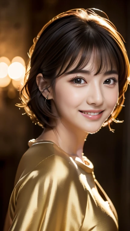 Highest quality、masterpiece、8K、((Medieval noble clothing))、((In a medieval castle))、((Big close up of face))、Black short hair、1 Girl、light、night、Take dynamic poses、(((Glamour)))、((Cute Smile))、Realistic、Clearer images、Beautiful attention to detail、Hyperrealism、Ultra HD、Realistic skin texture、Best image quality、Ultra-high resolution、In detail、Very carefully
