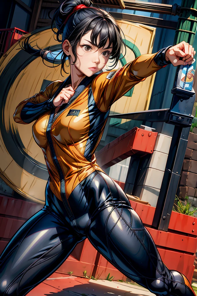 ((best quality)), ((masterpiece)), (detailed), perfect face, 1girl, black hair, brown eyes, karate suit, fighting pose, looking serious, detailed, high resolution, masterpiece, full body