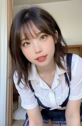 (Realistic, photo Realistic:1.2), ((Highest quality)), ((Detailed eyes、Beautiful Eyes、Fine Eyes))、、Curly hair, Quite embarrassing, Tight Skirt, (Pull-up skirt:1.3),negligee, Beautiful face details, Real human skin, Gentle expression, angle from below, Realistic, photoRealistic, cute, Short skirt, Bedroom, cute school girl, Japanese、smile