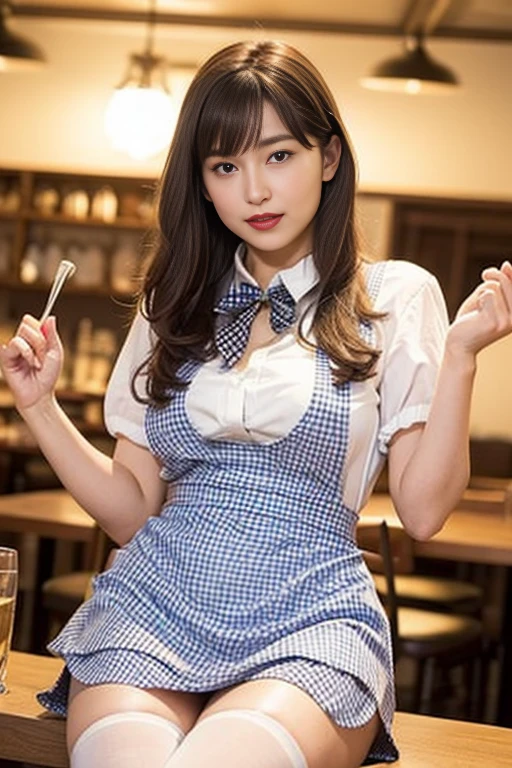 ooki masterpiece、Highest quality、Ultra-high resolution、(Photorealistic:1.6)、1 girl、(Long Hair:1.5)、(round face:1.3)、(Gingham check suspender apron:1.3)、(Plain blue high waist skirt:1.3)、(Apron skirt:1.2)、(White blouse:1.3)、(Double-breasted、Underbust:1.2)、Short sleeve、Button Gap、(Plain blue bow tie:1.2)、(Plump body:1.2)、(Smooth Skin:1.1)、Dynamic pose、(chest:1.2)、Cafe、restaurant、Red lipstick、Disheveled Hair、Spreading her legs、((Thighs))、