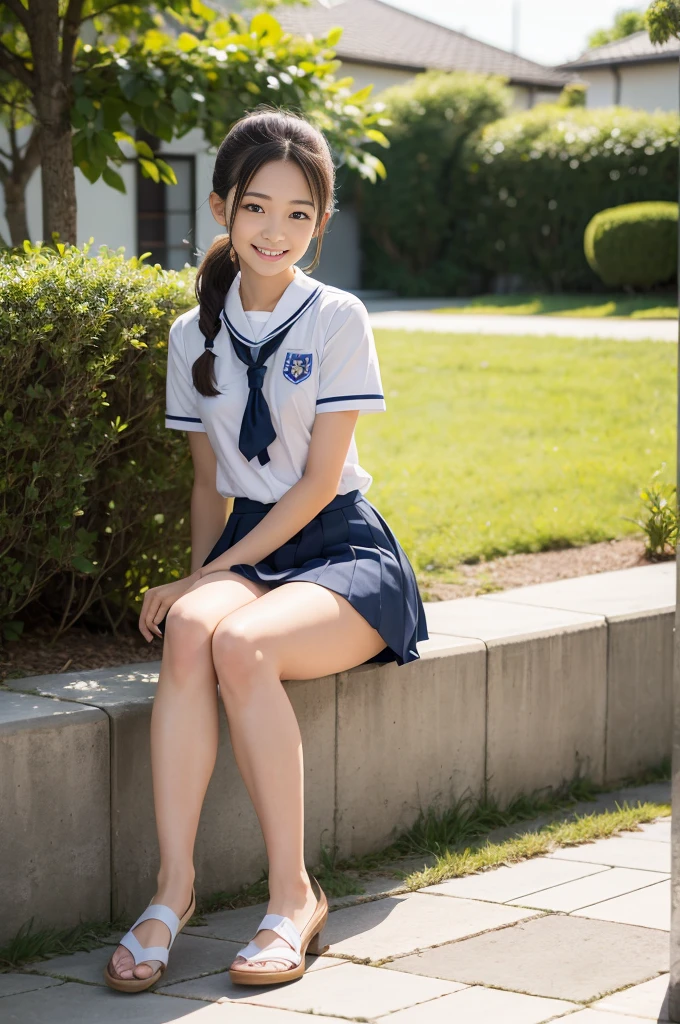 Pure Japanese school girl, sweet temptation, outstanding body, beautiful legs, wearing uniform, panty, ponytail, sweet smile, sitting, refreshing in early summer, composition from the front, 