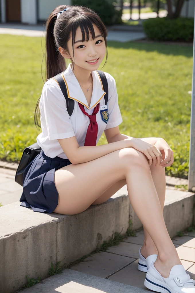 Pure Japanese school girl, sweet temptation, outstanding body, beautiful legs, wearing uniform, panty, ponytail, sweet smile, sitting, refreshing in early summer, composition from the front,