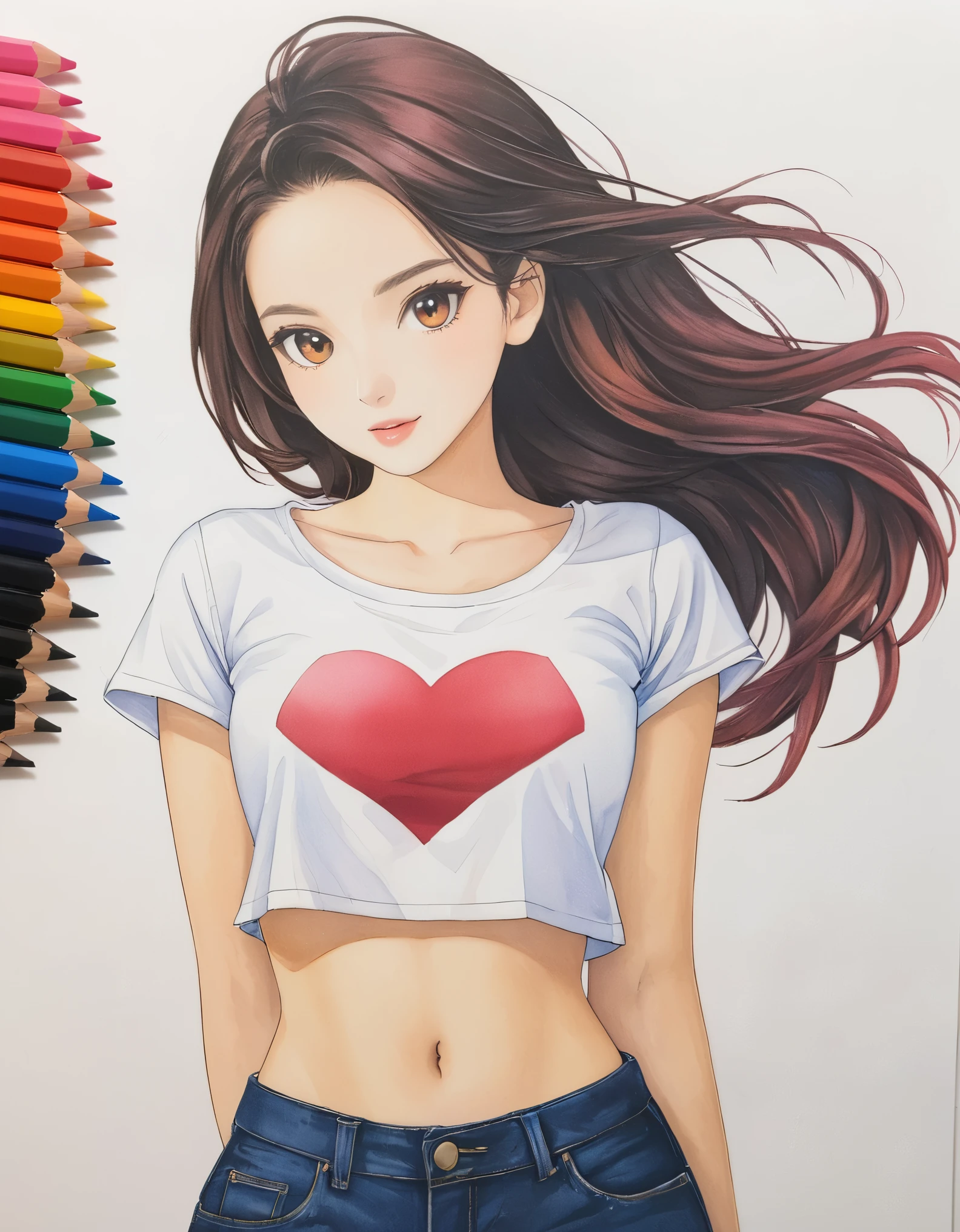 female,crop shirt,white,Art,colour pencil drawing,ink painting