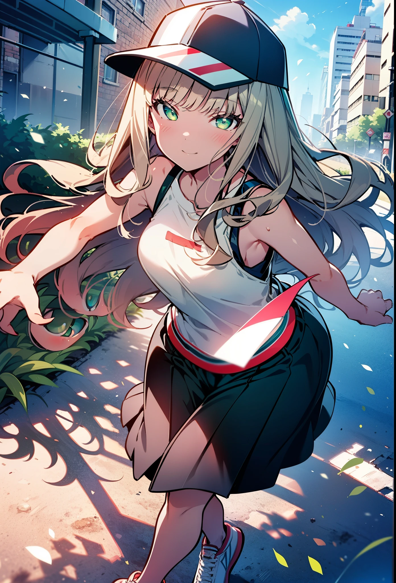 minami yume ,sss Dynazenon ,Long Hair, Brown Hair, (Green Eyes:1.5) ,blush,smile,hair band,Sleeveless shirt,Baseball cap,Long skirt,sneakers,Daytime,Clear skies,Walking,whole bodyがイラストに入るように, break looking at viewer, whole body, break outdoors ,Building district, break (masterpiece:1.2), Highest quality, High resolution, unity 8k wallpaper, (shape:0.8), (Beautiful and beautiful eyes:1.6), Highly detailed face, Perfect lighting, Extremely detailed CG, (Perfect hands, Perfect Anatomy),