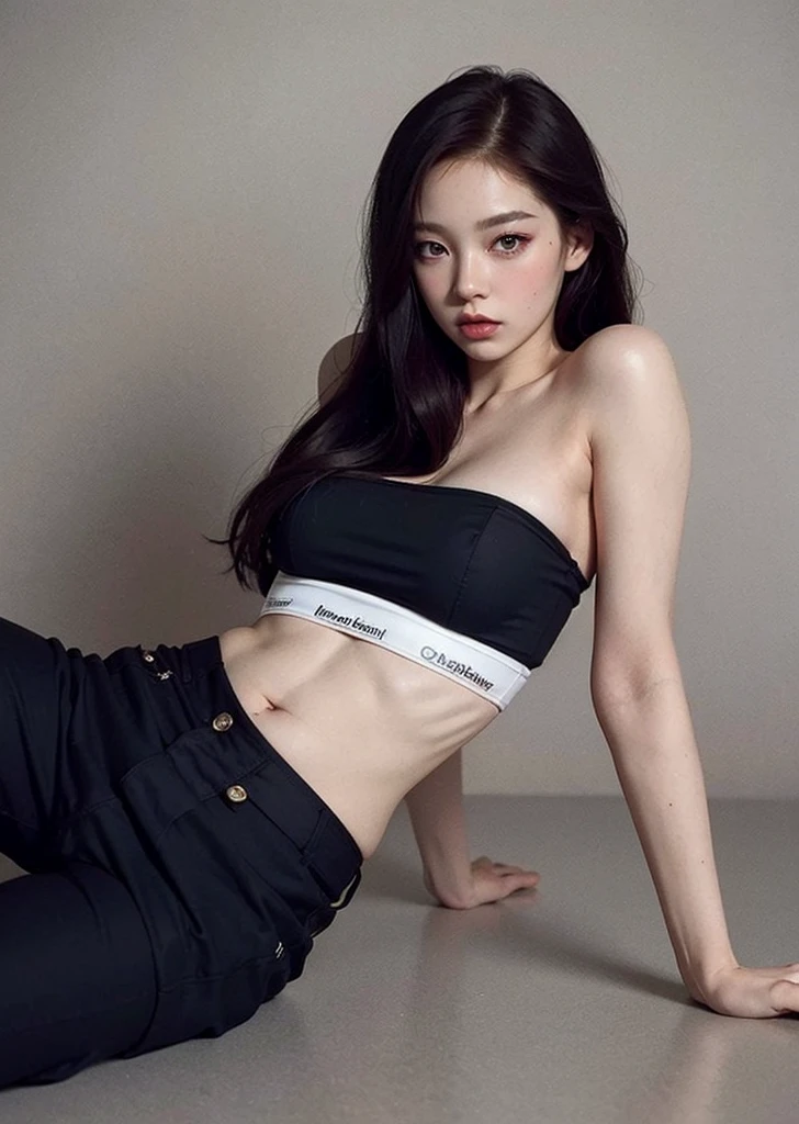 a close up of a woman with long red hair and a black top, pale glowing skin, pale porcelain white skin, Kim Jennie do Blackpink, pale fair skin!!, ivory pale skin, pale hair, milky white skin, pale snow white skin, popular south Korean makeup, albino white pale skin, TaeJune Kim