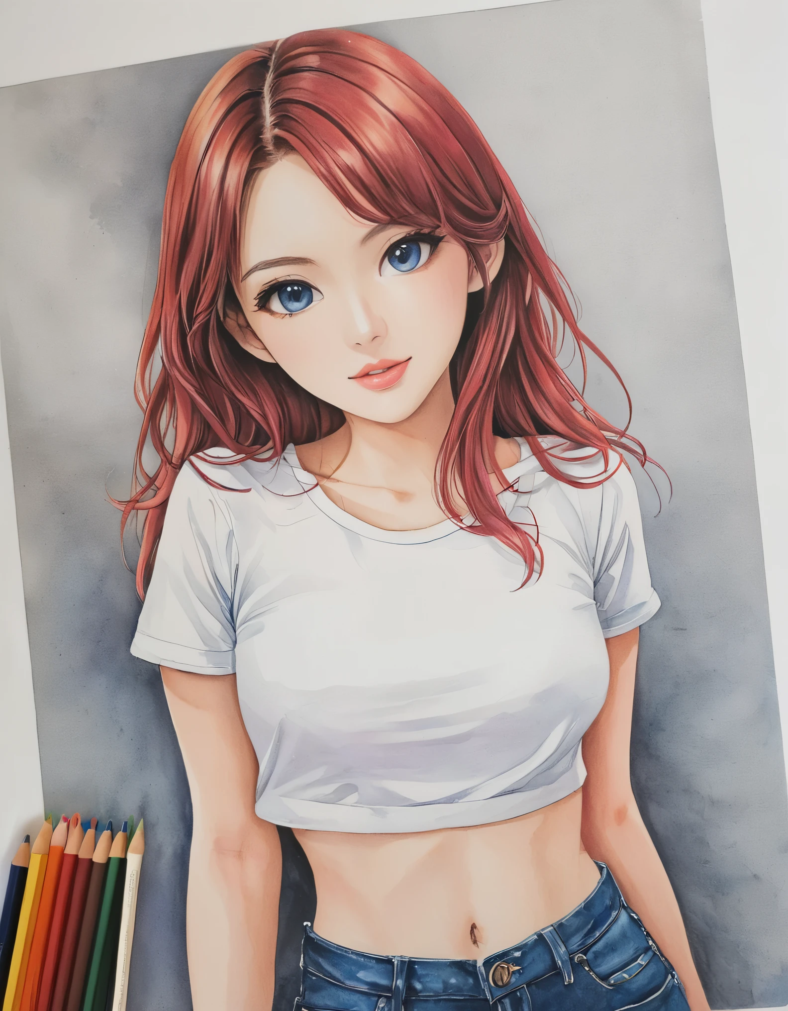 female,crop shirt,white,Art,colour pencil drawing,ink painting