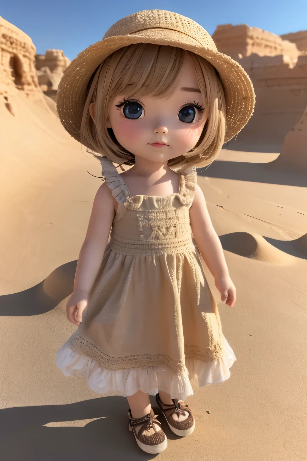 Chibi Girl、Walking through the desert under the scorching sun、Sweat、heat haze、Chunky shoes、Very detailed、Ultra-realistic、Photorealistic、8K、Hyperrealistic、masterpiece、Beautiful detailed eyes、Beautiful detailed lips、Very detailedな顔、Long eyelashes、Beautiful young girl、Beautiful lighting、Cinematic、Intricate details、Soft Focus、Depth of written boundary