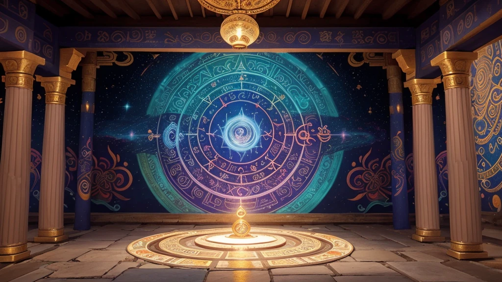"Inside a temple courtyard, murals depict scenes from ancient rituals and ceremonies associated with death and rebirth. Vibrant colors and elaborate designs illustrate a cosmic dance of life cycles, where souls transition from earthly existence to spiritual liberation. Symbols of cosmic alignment and celestial navigation adorn the murals, inviting viewers to contemplate the interconnectedness of human experience and the cosmic order."