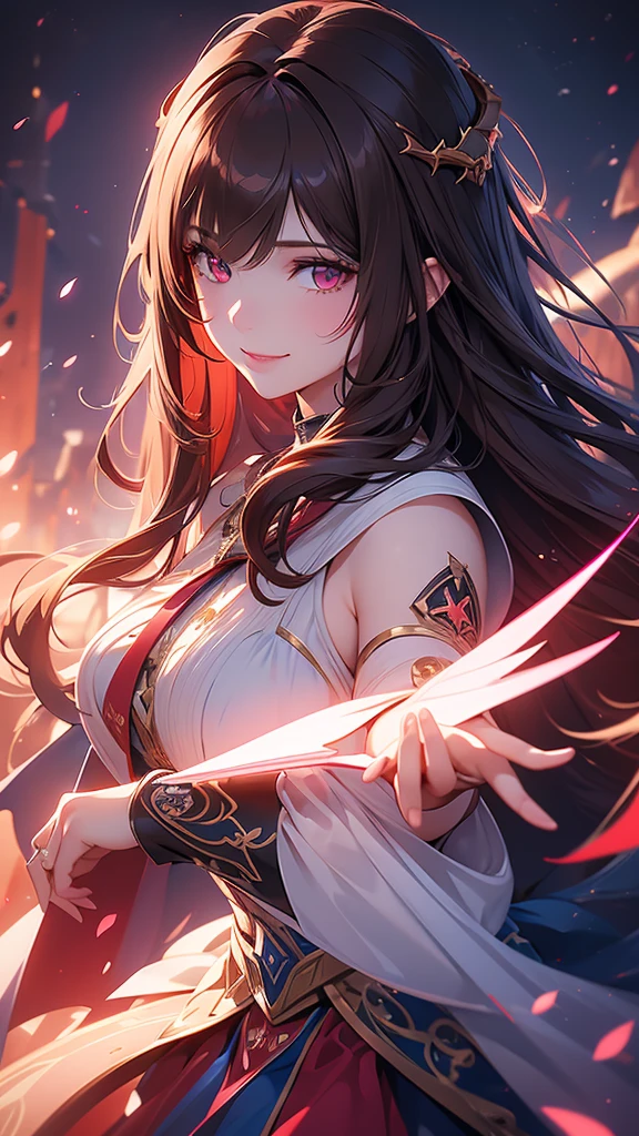 a beautiful detailed girl with long brown hair and bangs,extremely detailed blue and red eyes,a pink halo,big dark vampire wings,smiling,high quality,8k,photorealistic,ultra-detailed,realistic portrait,cinematic lighting,dramatic colors,dramatic atmosphere