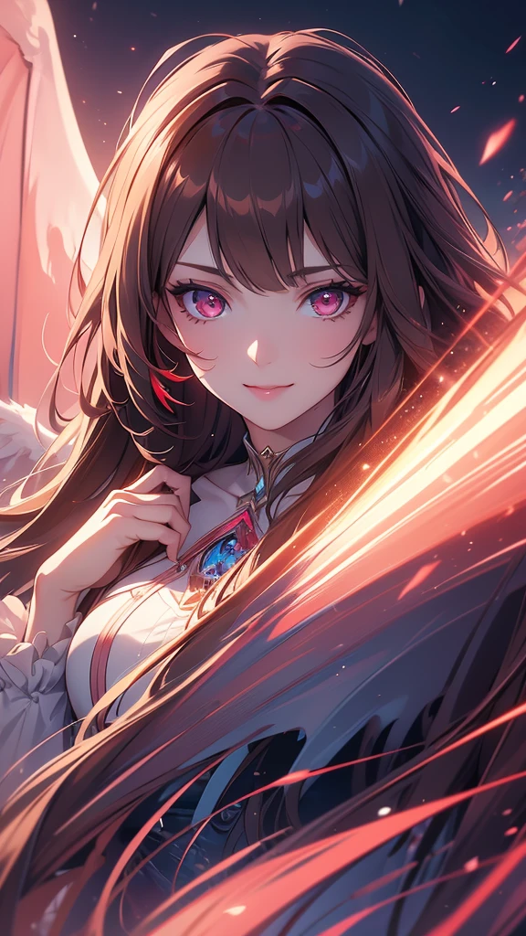 a beautiful detailed girl with long brown hair and bangs,extremely detailed blue and red eyes,a pink halo,big dark vampire wings,smiling,high quality,8k,photorealistic,ultra-detailed,realistic portrait,cinematic lighting,dramatic colors,dramatic atmosphere