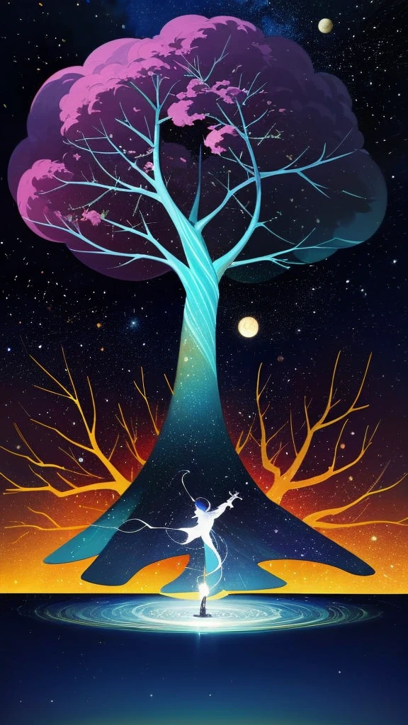 Cosmic Tree: Depict the Tree of Life as a vibrant, cosmic entity with galaxies and stars as its roots and branches.