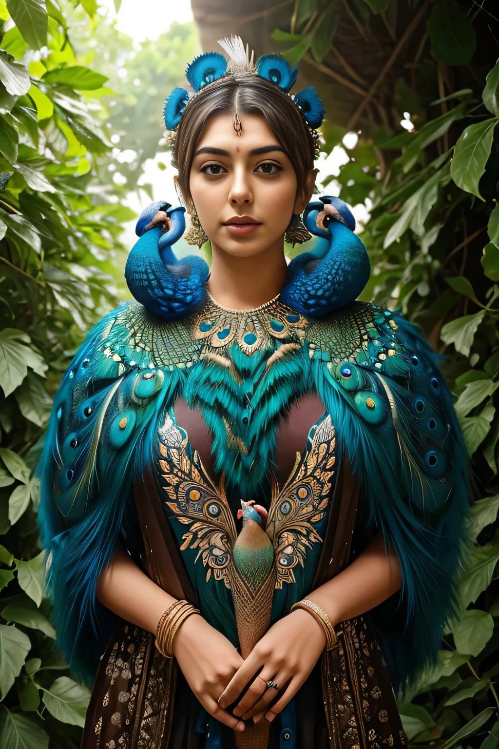 Hansika Motwani is a peafowl, she is real peafowl Bird. Mutant peafowl. peafowl transformation. peafowl body with  female head. She is a bird. Real bird. Head with bird body. Create this beautiful creature.