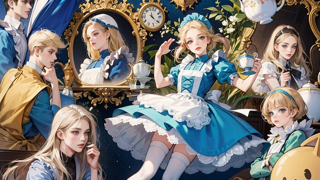 masterpiece, Highest quality, Portraiture, One Girl, (Alice in Wonderland:1.2), Blue clothes, White apron, Blonde, blue eyes, Usagi, Trump, Tea cup, White lace thigh high socks, Miniskirt lift, Dynamic pose,Retro