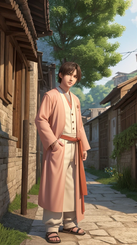 3DCG illustration、A man born from a peach, dressed in the clothes of a 10-year-old、Scene of villagers being blessed。Anime Style。