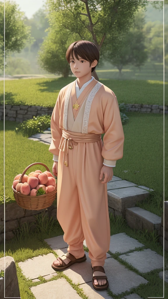 3DCG illustration、A man born from a peach, dressed in the clothes of a 10-year-old、Scene of villagers being blessed。Anime Style。