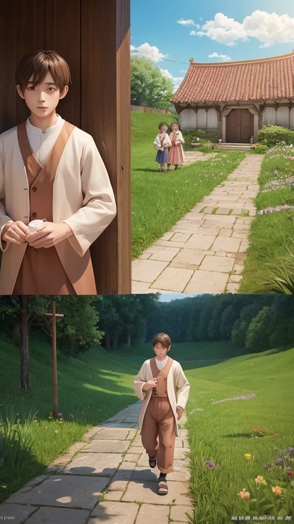 3DCG illustration、A man born from a peach, dressed in the clothes of a 10-year-old、Scene of villagers being blessed。Anime Style。