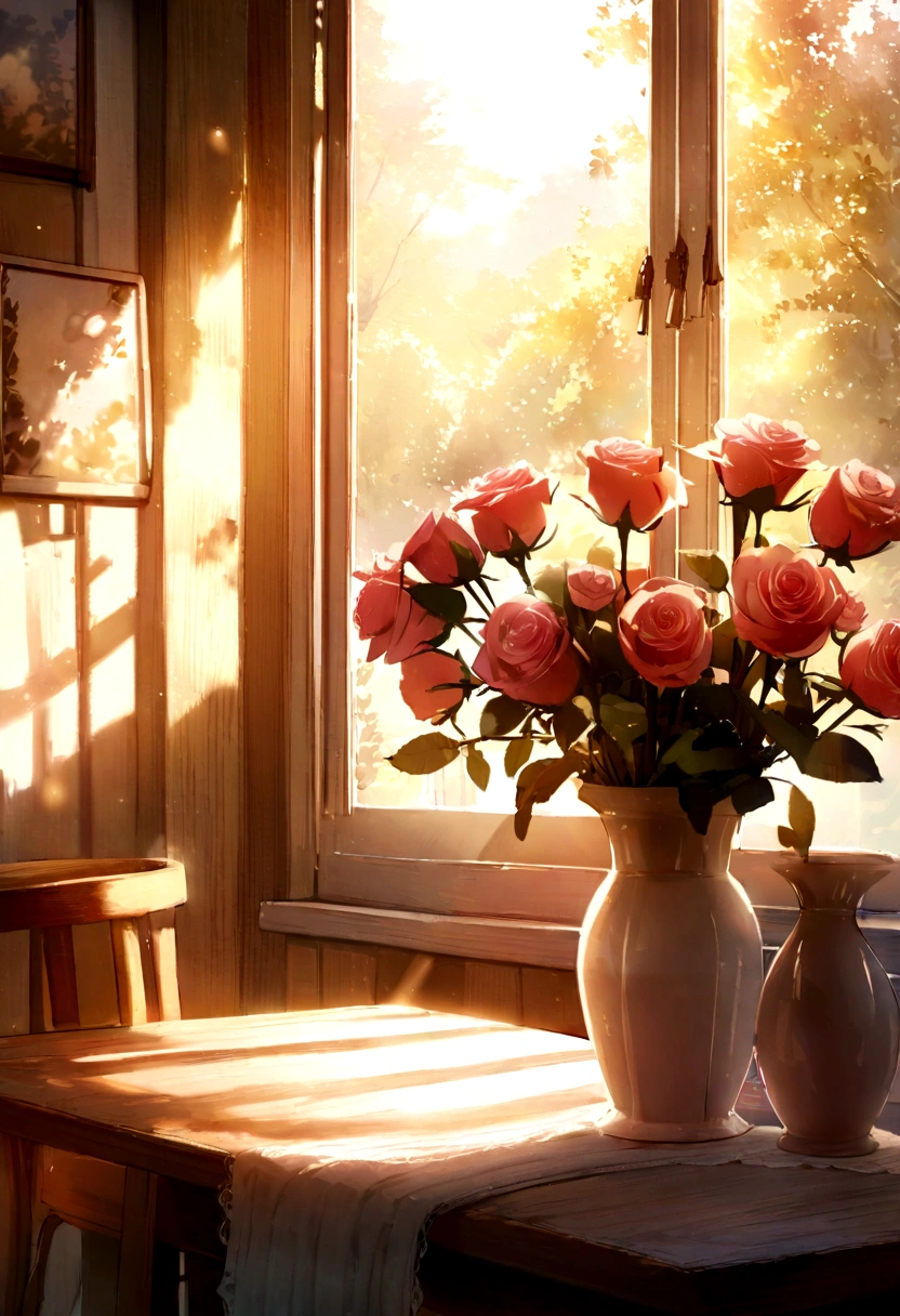 There is a vase of pink roses on the table, soft autumn sunshine, Soft morning light, Afternoon Sunshine, Summer morning light, brilliant morning light, beautiful morning, Soft morning lighting, Beautiful composition, in the morning light, Spring morning, Very beautiful photos, Beautiful and beautiful, peaceful afternoon, Afternoon Light, in the morning, Cozy cafe background