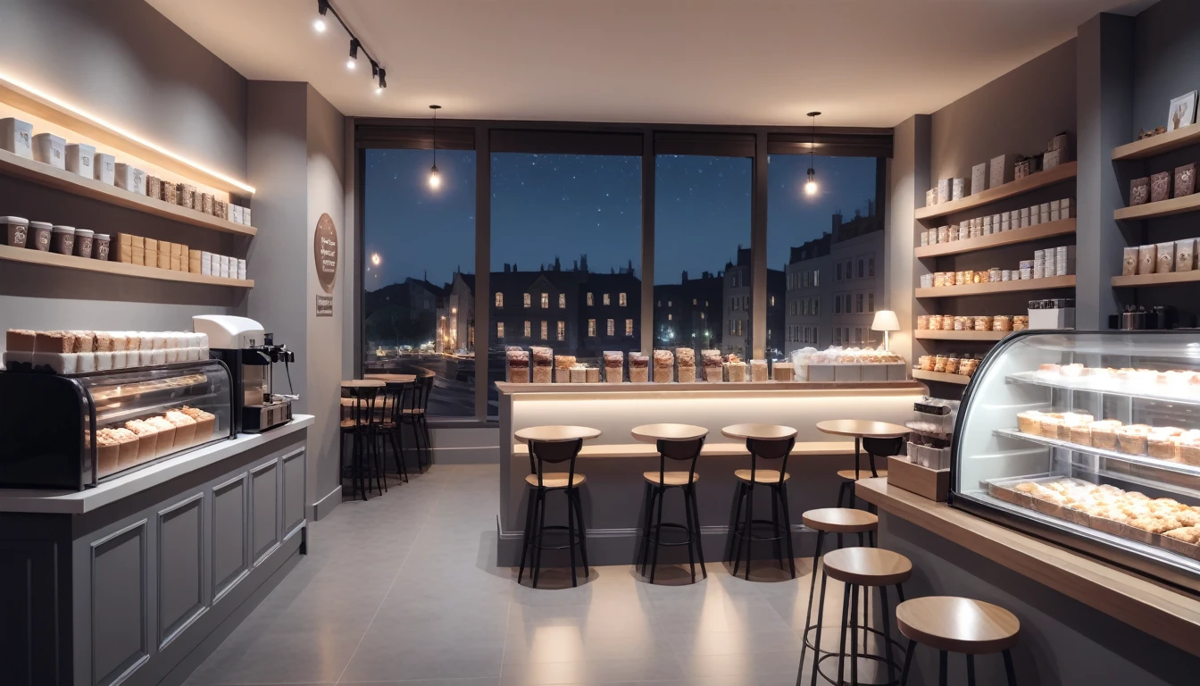 a cozy night time at a coffe interior with cozy lighting and sweets in the shelves. There are coffee cups in the tables. There is a big window in the middle of the coffeeshop and the outside view is a just an empty grey wall
