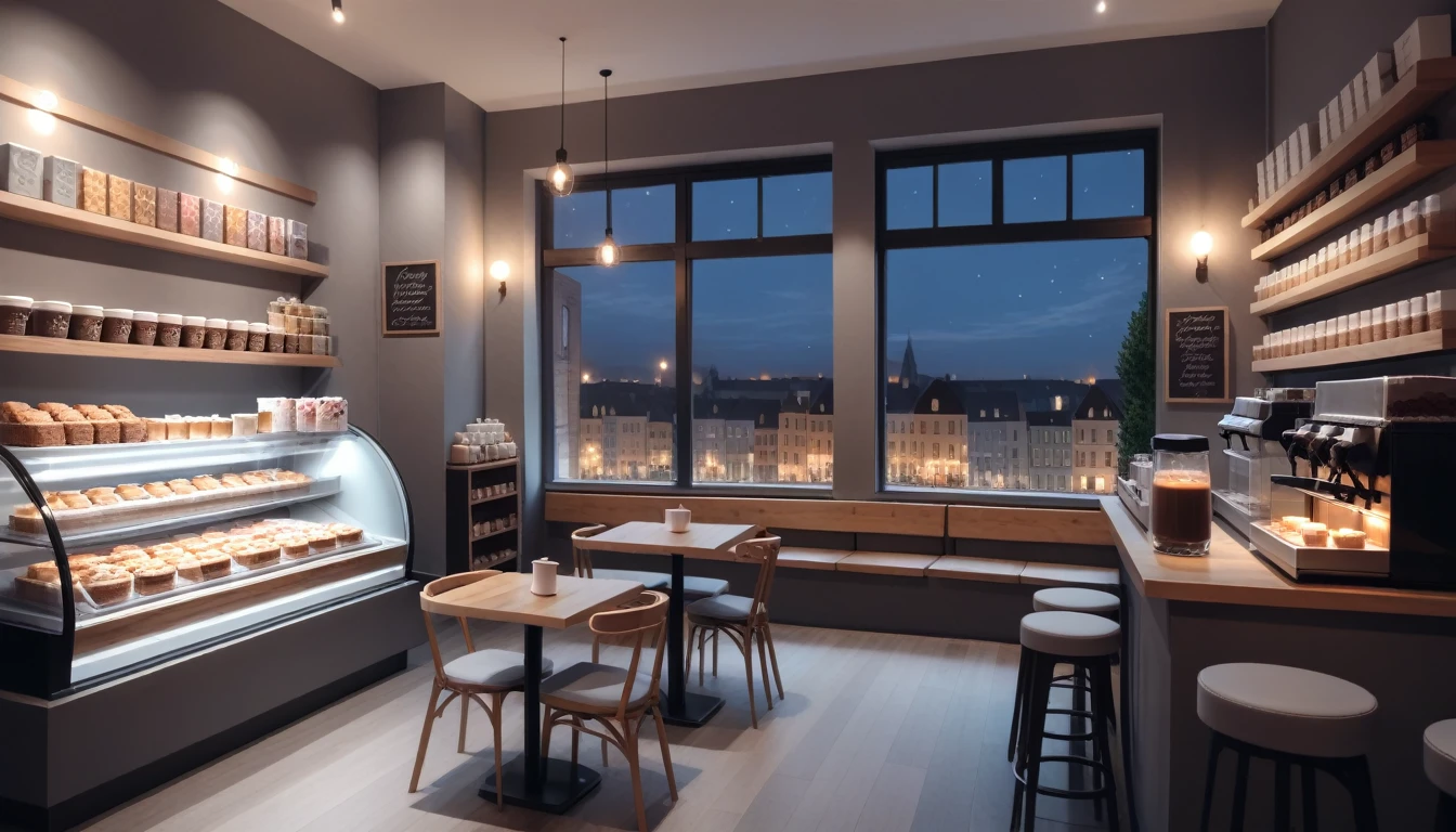a cozy night time at a coffe interior with cozy lighting and sweets in the shelves. There are coffee cups in the tables. There is a big window in the middle of the coffeeshop and the outside view is a just an empty grey wall