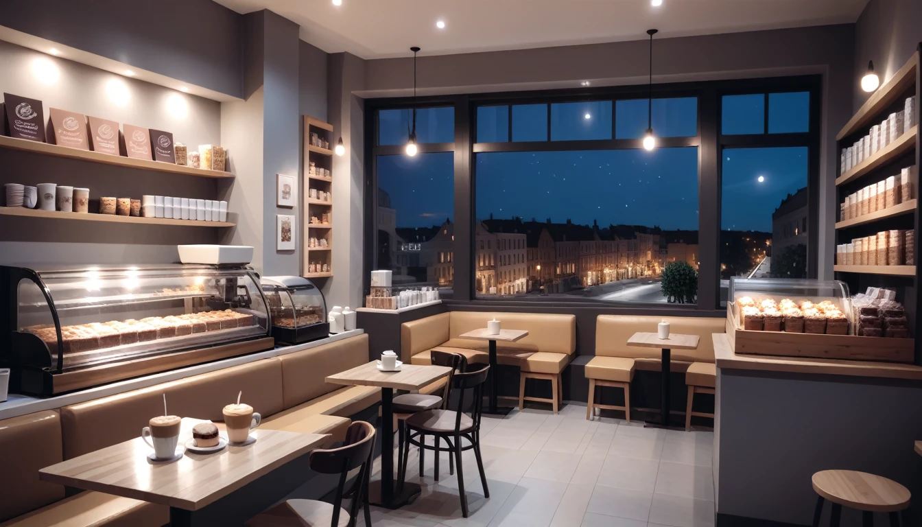 a cozy night time at a coffe interior with cozy lighting and sweets in the shelves. There are coffee cups in the tables. There is a big window in the middle of the coffeeshop and the outside view is a just an empty grey wall