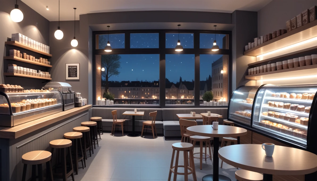 a cozy night time at a coffe interior with cozy lighting and sweets in the shelves. There are coffee cups in the tables. There is a big window in the middle of the coffeeshop and the outside view is a just an empty grey wall