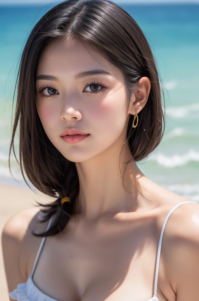 ((Highest quality)),((8K)),(Genuine)、(detailed)、(Beach)、(Bust up shot)、(Big Breasts)、Golden ratio of face to shoulder width、繊細でdetailedな鮮やかな美しい色の衣裳:1.4、Frilled bikini、Glossy short bob、Glowing Skin、Japanese、beauty、Looking into the camera、Duck mouth、cute、Hehehe:1.2、Shot with a film camera、RAW shooting、#24、Genuine、フォトGenuine:1.4、Photon Mapping、Physically Based Rendering、Perfect Anatomy、detailedな目、detailedな二重、detailedな咬筋、detailedな鎖骨、Perfect Fingers、Finger Description、(品質 8K)、((White skin))、Avoid mascara、Hair with movement、detailedな毛穴、Natural light、detailedな描写、Blushing、Fine pores、Perfect cleavage、masterpiece、Blushing、Hair with movement、detailedな腹筋、Sparkling、Cowboy Pose、sexy、detailedな脇の下、(Big Breasts)、face closeup 、(Upper Body)、detailedな目元、