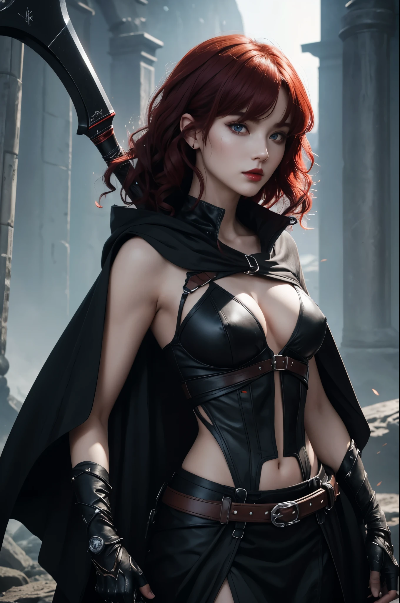 8K,Grim Reaper with a very large scythe,Skeleton Face,Red eyes,White haired mohawk,Black Robe,Highly detailed photos, Ultra-high resolution, masterpiece, Highest quality, Perfect glowing skin, Perfect lighting, Detailed lighting, Dramatic Shadows, Ray Tracing, Looking at the audience, Small breasts, Beautifully detailed hazel eyes, Sharp Face, Clear Eyes, Red lips, Long bangs, Short Curly Hair, Redhead, ((Dark Land of the Underworld)), Upper Body, masterpiece,Highest qualityのフォトリアリスティックなRAW写真。Bright colors,Rich colors, Backlight, Cinema Lighting, Film Grain, to be born, 50mm lens, Nikon D850,Detailed character art,Fantasy art,Ultra-high resolution,Ultra-Realistic Skin,Perfect hand shape,Deadly landscape,