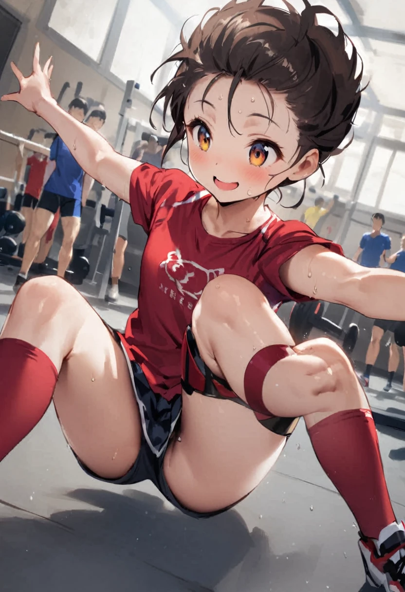At the gym、exercise、Fitness、spats、training、Girl、Girl、Short、Younger、Lower school year、Baby Face、Both eyes open、flat chest、refreshing、fine、Innocence、smile、Dynamic Angle、Sweat、sports、Equipment、Wearing clothes、Dynamic Pose、There are a few people behind