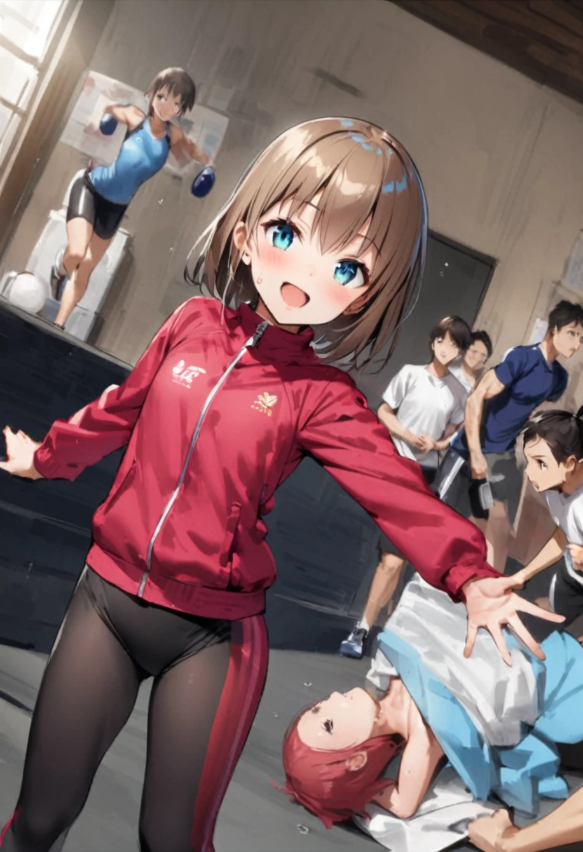 At the gym、exercise、Fitness、spats、training、Girl、Girl、Short、Younger、、Baby Face、Both eylat chest、refreshing、fine、Innocence、smile、Dynamic Angle、Sweat、sports、Equipment、Wearing clothes、Dynamic Pose、There are a few people behind