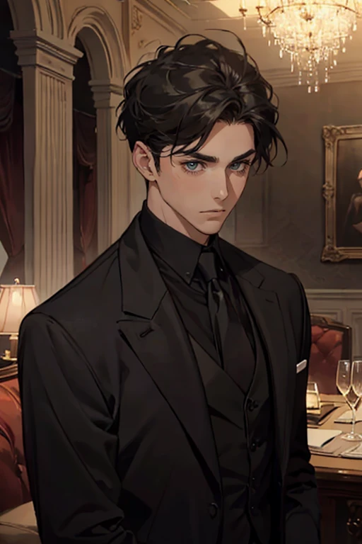 ((One young man with a black suit and tie)), alejandro, (((one side swept dark short neat hair))), ( green eyes and thick eyebrows), ((20 years old)), ((masterpiece)), ((cinematic lighting)), relax look and smirk, waiting for someone