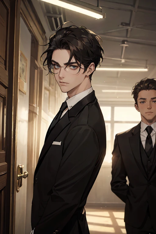 ((One young man with a black suit and tie)), alejandro, (((one side swept dark short neat hair))), ( green eyes and thick eyebrows), ((20 years old)), ((masterpiece)), ((cinematic lighting)), relax look and smirk, waiting for someone