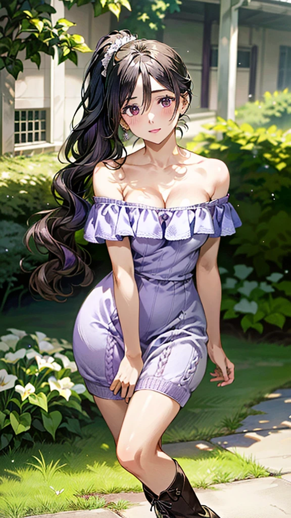 (masterpiece:1.3, top-quality, ultra high res, ultra detailed), (realistic, photorealistic:1.4), beautiful illustration, perfect lighting, natural lighting, colorful, depth of fields, ,
beautiful detailed hair, beautiful detailed face, beautiful detailed eyes, beautiful clavicle, beautiful body, beautiful chest, beautiful thigh, beautiful legs, beautiful fingers, 
looking at viewer, 1 girl, japanese, high school girl, (perfect anatomy, anatomically correct), cute and symmetrical face, face, perfect face, perfect eyes, shiny skin, slender, 
(long hair:1.7, wavy hair:0.8, black hair), antenna hair, hair between eyes, emerald green eyes, long eye lasher, (large breasts:0.8, seductive thighs), 
((long sleeve light purple knit dress, black tube top)), 
(beautiful scenery), summer, evening, (school), (lovely smile, upper eyes),