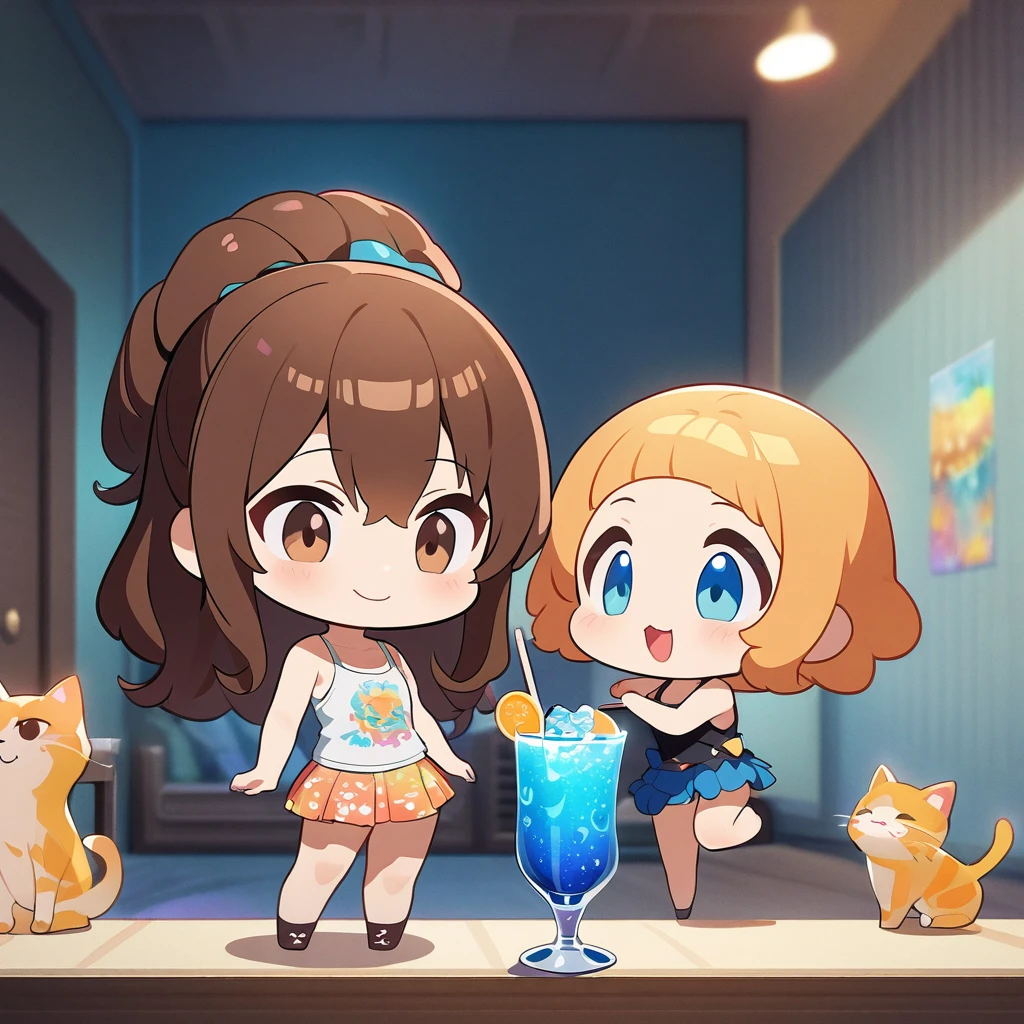 masterpiece、Highest quality、Depth of subject、２D illustration、1 beautiful girl、独奏, (((chibi style)))、((Long, beautiful hair))、shiny brown hair、cute、Beautifully detailed eyes、((Tank top))、a glass of blue soda, ((colorful))、mini skirt、((happy smile))、((kitten cluster)), ((full body shot))、((in the room))、((There&#39;s a lot of pink around))、Thighs、((vivid color))、sparkle、((Lens flare))、