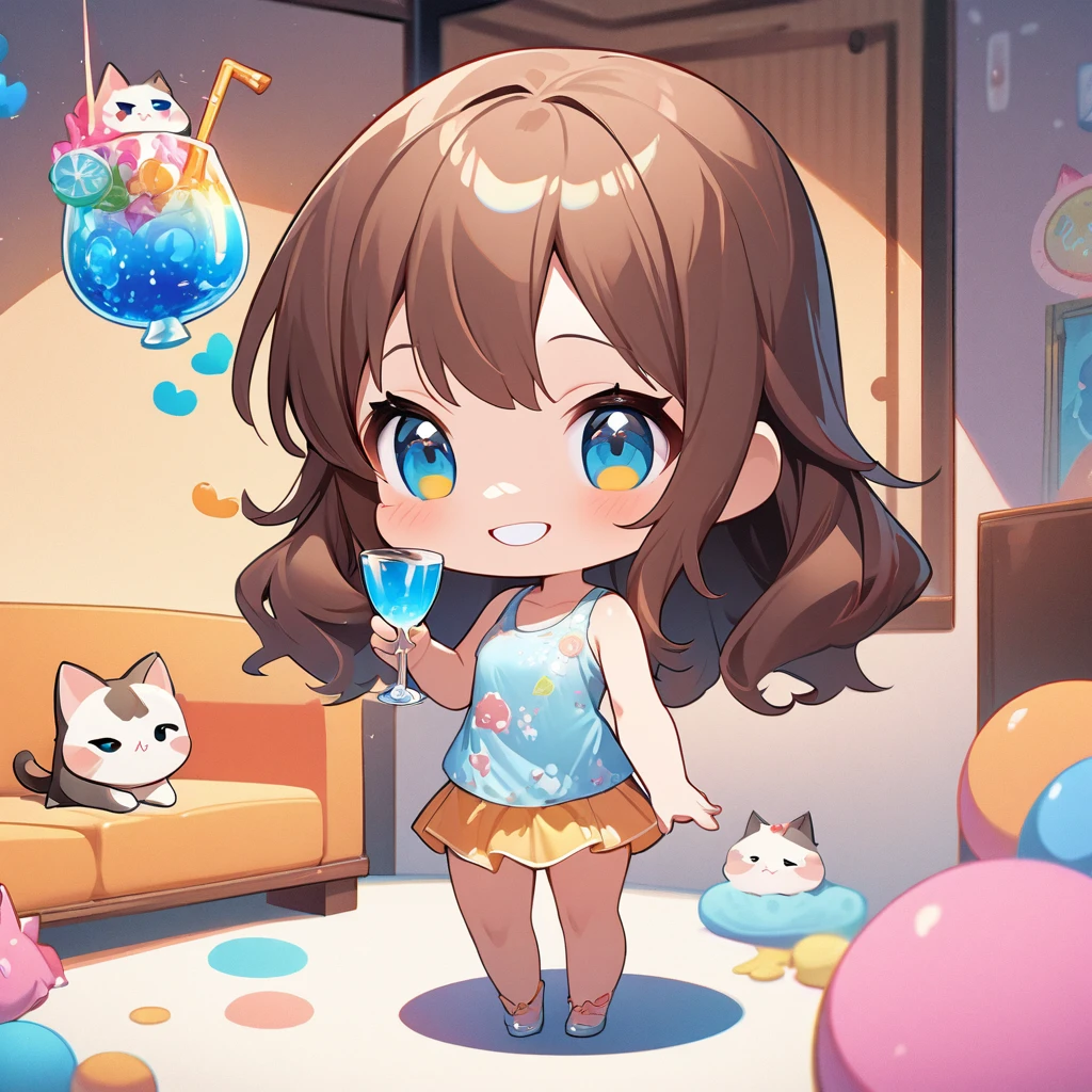 masterpiece、Highest quality、Depth of subject、2D illustration、1 beautiful girl、独奏, (((chibi style)))、((Long, beautiful hair))、shiny brown hair、cute、Beautifully detailed eyes、((Tank top))、a glass of blue soda, ((colorful))、mini skirt、((happy smile))、((kitten cluster)), ((full body shot))、((in the room))、((There's a lot of pink around))、Thighs、((vivid color))、sparkle、((Lens flare))、