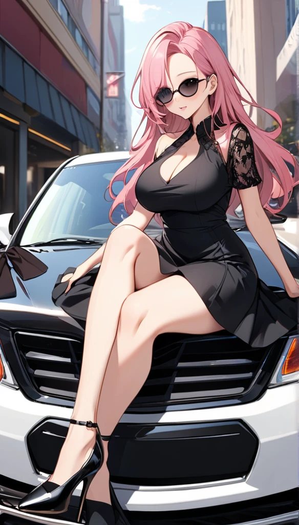 woman, pink hair, long hair, open forehead, no bangs, blue eyes, big breasts, black dress, short dress, elegant dress, black sunglasses, sitting on the hood of a car, black heels